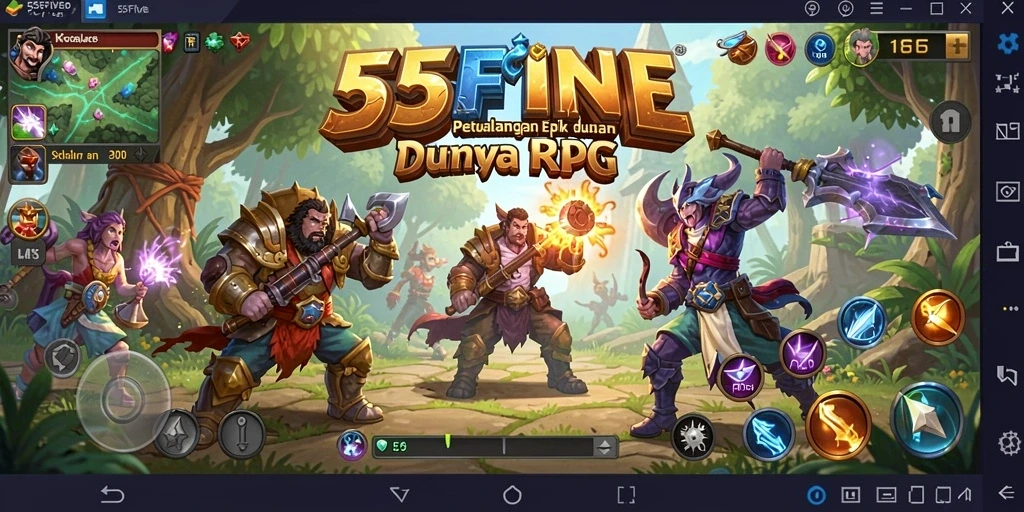 Tangkapan layar utama 55FIVE menampilkan pertarungan seru dalam dunia RPG.
