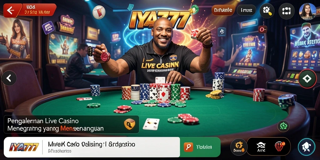 Screenshot gameplay IYA777 menunjukkan dealer langsung di meja kasino.