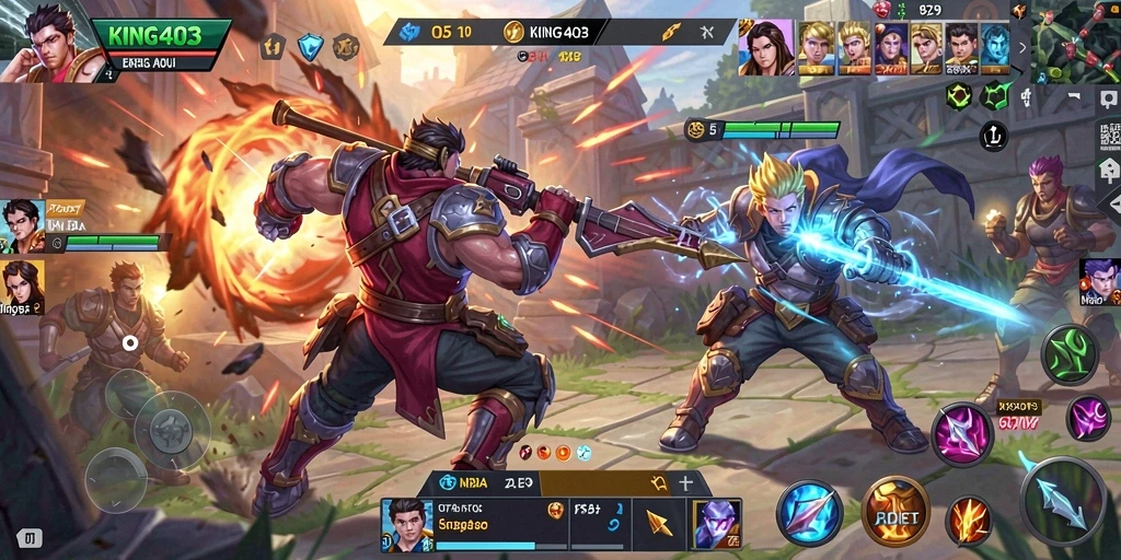 Screenshot KING403 menunjukkan aksi seru dalam pertempuran MOBA.