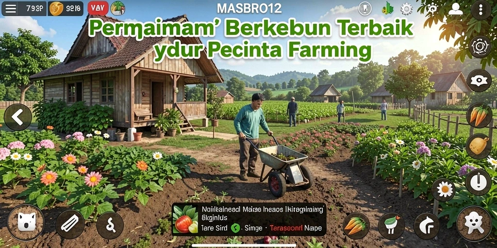 Screenshot gameplay MASBRO12 yang menunjukkan aktivitas berkebun yang seru.