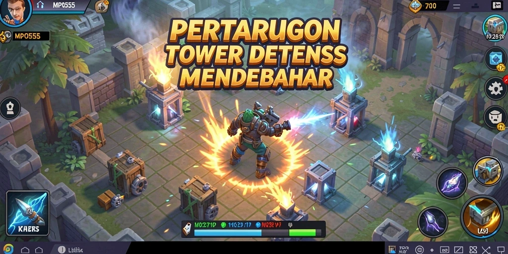Screenshot MPO555 menunjukkan strategi pertahanan menara yang apik.